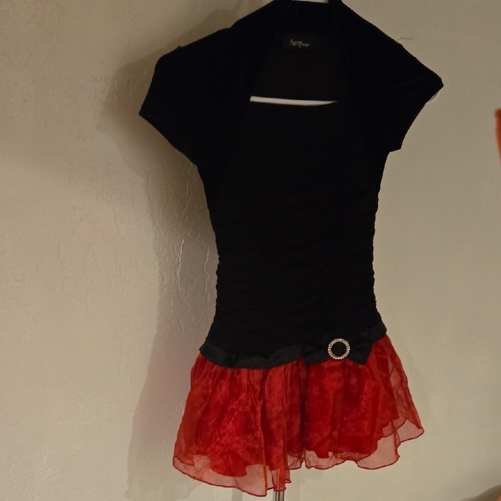 Black Gathered Top with Red Sheer Ruffle Skirt